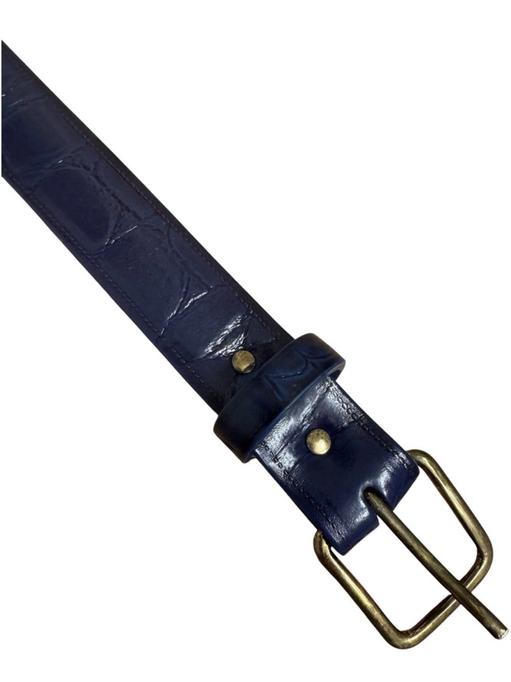 ✨VTG Women’s 80’s Blue Leather Croc-Embossed Gold Buckle Minimalist Belt